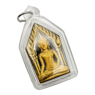 Thai amulet Phra Khun Paen (gold gilt version) back with holy Phra Ngang Red Eye (Gomen red blessed gemstone), Lp's hair and holy Leklai By Lp. Key, Wat Srilumyong B.E. 2549