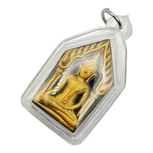 Thai amulet Phra Khun Paen (gold gilt version) back with holy Phra Ngang Red Eye (Gomen red blessed gemstone), Lp's hair and holy Leklai By Lp. Key, Wat Srilumyong B.E. 2549