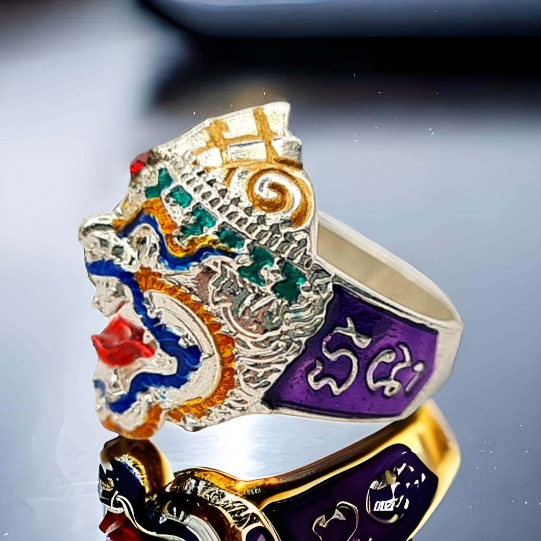 Thai amulet ring Hanuman Monkey King Lucky Charms Pendant Protection Bring Wealth Lp Phat Genuine Authentic Adjustable Size 53 - 55
