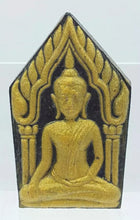 Thai amulet Phra Khun Paen (gold gilt version) back with holy Phra Ngang Red Eye (Gomen red blessed gemstone), Lp's hair and holy Leklai By Lp. Key, Wat Srilumyong B.E. 2549